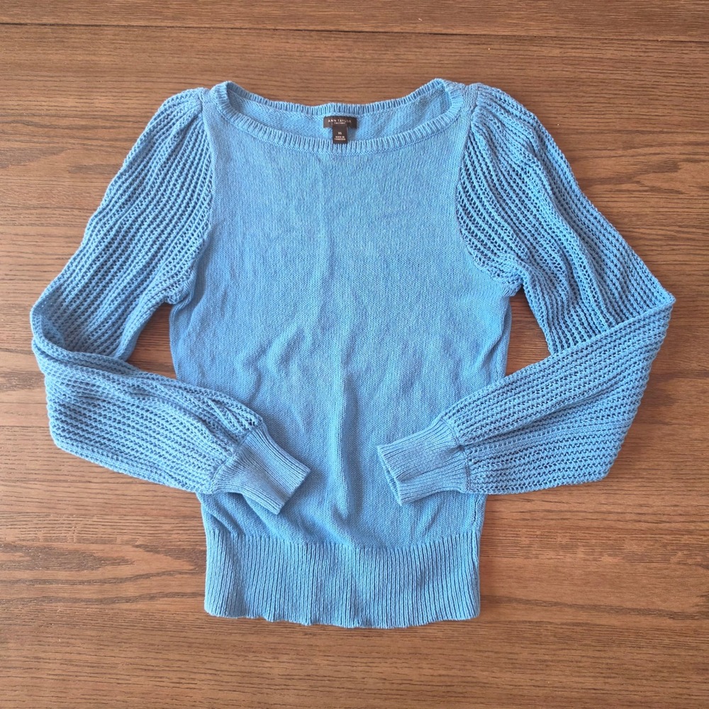 Ann Taylor Factory Blue Cotton Knit Sweater Crochet Sleeve Boat Neck XS
